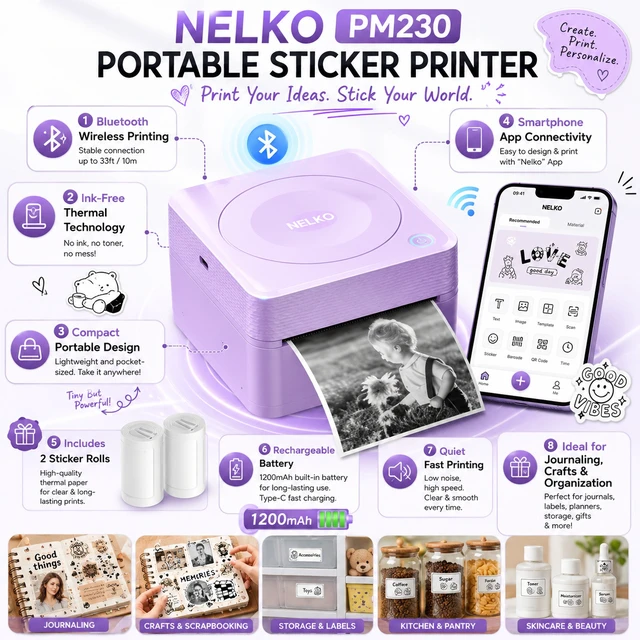 Alt view image 3 of 5 - Nelko PM230 Portable Bluetooth Sticker Printer with 2 Rolls 54mm x 3.5m, Mini Inkless Thermal Sticker & Label Maker, 203 DPI, for Journaling, Photos, Notes, Study & Crafts - Purple