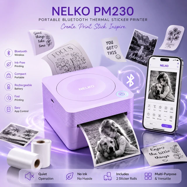 Alt view image 5 of 5 - Nelko PM230 Portable Bluetooth Sticker Printer with 2 Rolls 54mm x 3.5m, Mini Inkless Thermal Sticker & Label Maker, 203 DPI, for Journaling, Photos, Notes, Study & Crafts - Purple