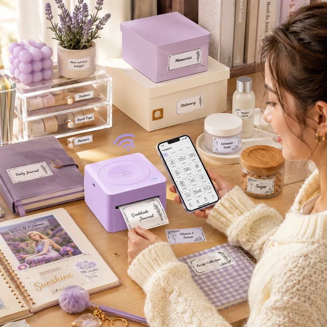 Alt view image 2 of 5 - Nelko PM230 Portable Bluetooth Sticker Printer with 2 Rolls 54mm x 3.5m, Mini Inkless Thermal Sticker & Label Maker, 203 DPI, for Journaling, Photos, Notes, Study & Crafts - Purple