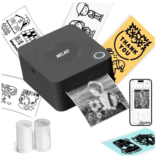 Main image of Nelko PM230 Portable Bluetooth Sticker Printer with 2 Rolls 54mm x 3.5m, Mini Inkless Thermal Sticker & Label Maker, 203 DPI, for Journaling, Photos, Notes, Study & Crafts - Black