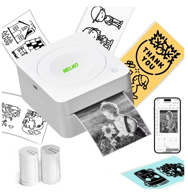 Main image of Nelko PM230 Portable Bluetooth Sticker Printer with 2 Rolls 54mm x 3.5m, Mini Inkless Thermal Sticker & Label Maker, 203 DPI, for Journaling, Photos, Notes, Study & Crafts - White