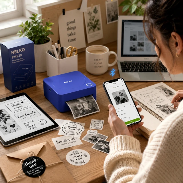 Alt view image 2 of 5 - Nelko PM230 Portable Bluetooth Sticker Printer with 2 Rolls 54mm x 3.5m, Mini Inkless Thermal Sticker & Label Maker, 203 DPI, for Journaling, Photos, Notes, Study & Crafts - Blue