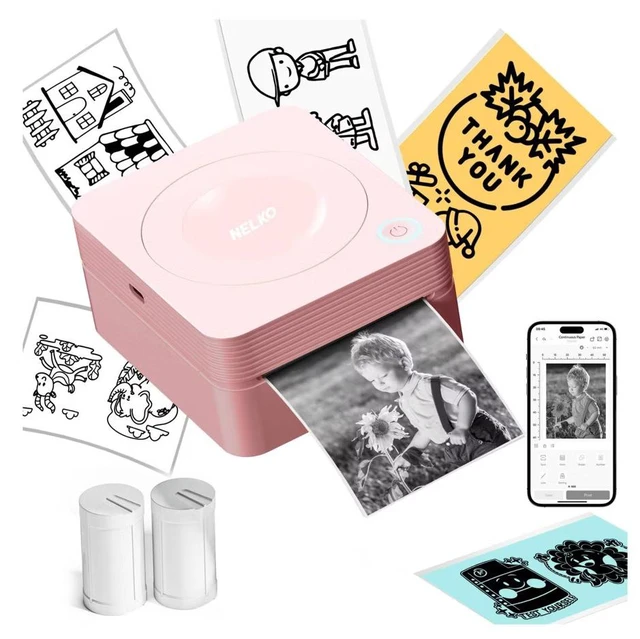 Main image of Nelko PM230 Portable Bluetooth Sticker Printer with 2 Rolls 54mm x 3.5m, Mini Inkless Thermal Sticker & Label Maker, 203 DPI, for Journaling, Photos, Notes, Study & Crafts - Pink