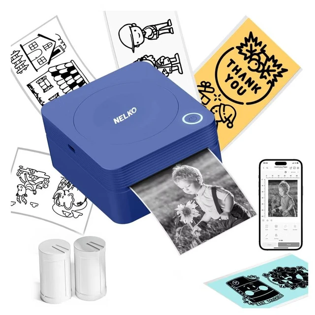 Main image of Nelko PM230 Portable Bluetooth Sticker Printer with 2 Rolls 54mm x 3.5m, Mini Inkless Thermal Sticker & Label Maker, 203 DPI, for Journaling, Photos, Notes, Study & Crafts - Blue