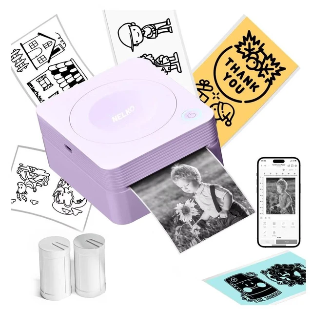 Main image of Nelko PM230 Portable Bluetooth Sticker Printer with 2 Rolls 54mm x 3.5m, Mini Inkless Thermal Sticker & Label Maker, 203 DPI, for Journaling, Photos, Notes, Study & Crafts - Purple