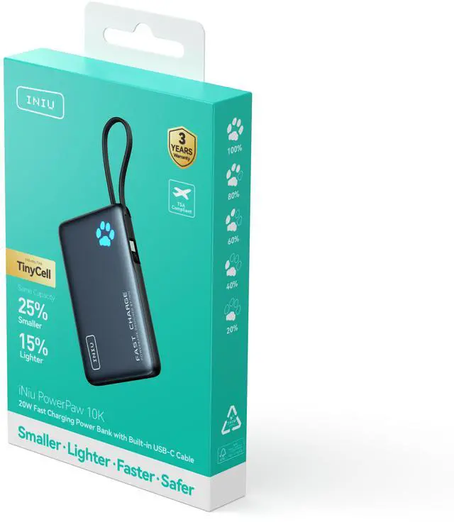 Alt view image 2 of 6 - INIU Portable Charger, Compact 10000mAh PD 20W Power Bank with Built-in USB-C Cable(IN&OUT) for iPhone, Samsung etc.