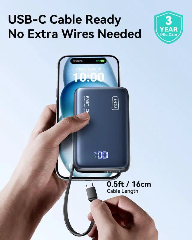 Alt view image 5 of 7 - INIU Portable Charger, Compact 20000mAh PD 20W Power Bank with Built-in USB-C Cable for iPhone, Samsung etc.