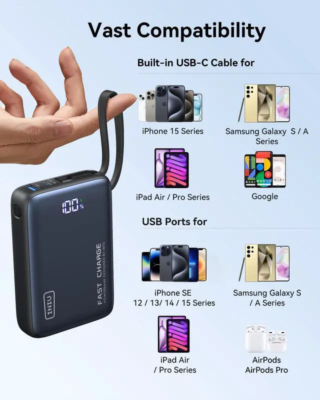 Alt view image 6 of 7 - INIU Portable Charger, Compact 20000mAh PD 20W Power Bank with Built-in USB-C Cable for iPhone, Samsung etc.