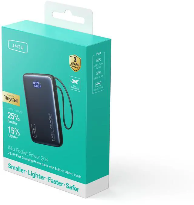 Alt view image 4 of 7 - INIU Portable Charger, Compact 20000mAh PD 20W Power Bank with Built-in USB-C Cable for iPhone, Samsung etc.