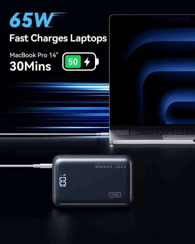 Alt view image 4 of 7 - INIU 65W Power Bank, 20000mAh USB C PD Fast Charging Portable Charger for MacBook Dell HP iPad Tablet iPhone Samsung etc