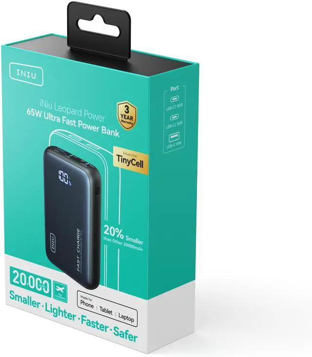 Alt view image 6 of 7 - INIU 65W Power Bank, 20000mAh USB C PD Fast Charging Portable Charger for MacBook Dell HP iPad Tablet iPhone Samsung etc
