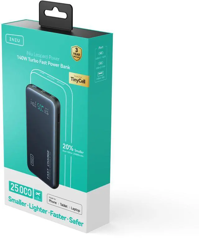 Alt view image 2 of 7 - INIU 140W Power Bank Smallest 25000mAh Fast Charging Portable Charger for MacBook Dell HP iPad Tablet iPhone Samsung etc