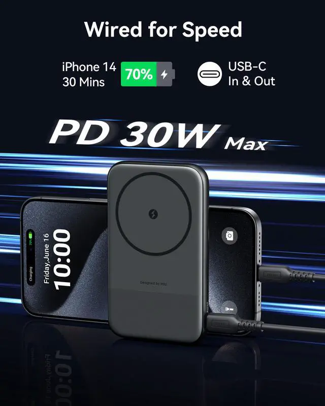 Alt view image 3 of 6 - INIU Qi2 Magnetic Power Bank, Ultra Compact 10000mAh 30W Portable Charger with Foldable Stand for iPhone 15/14/13/12 Series