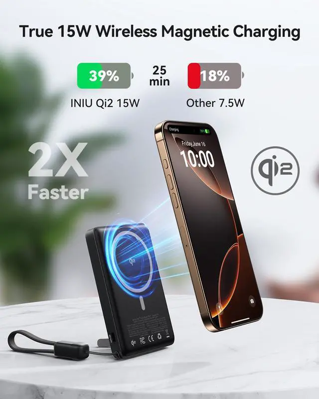 Alt view image 6 of 7 - INIU Qi2 Magnetic Power Bank, Market's Slimmest 10000mAh Portable Charger with Foldable Stand for iPhone 16/15/14/13/12 Series