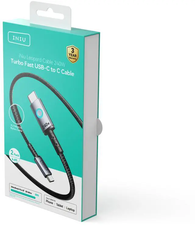 Alt view image 4 of 6 - INIU 240W USB C to USB C Cable, 6.6ft 2-Pack Fast Charging Type C Cable for iPhone 16 15 Samsung Macbook iPad Kindle etc.