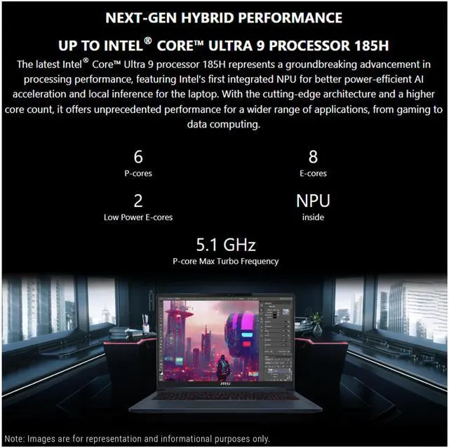 Alt view image 2 of 7 - MSI Stealth 16 AI Ultra Thin Gaming Laptop, Intel Ultra 9-185H, 32 GB DDR5 RAM, 1 TB PCle SSD, 16" 165Hz FHD+ (1920x1200), Nvidia G-Force RTX 4070, Backlit Keyboard, W11 Pro, Star Blue