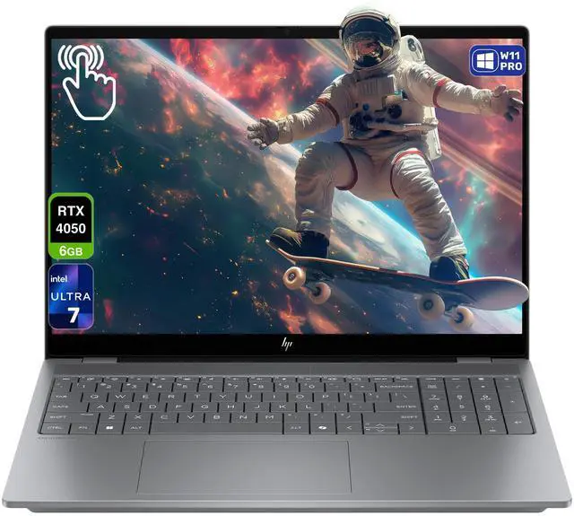 Main image of HP OmniBook X AI 16 Laptop, Intel Ultra 7-255H, 32 GB DDR5 RAM, 2 TB PCIe SSD, 16" 2K (2048x1280) OLED Touchscreen, Nvidia G-Force RTX 4050, Backlit Keyboard, W11 Pro, Meteor Silver