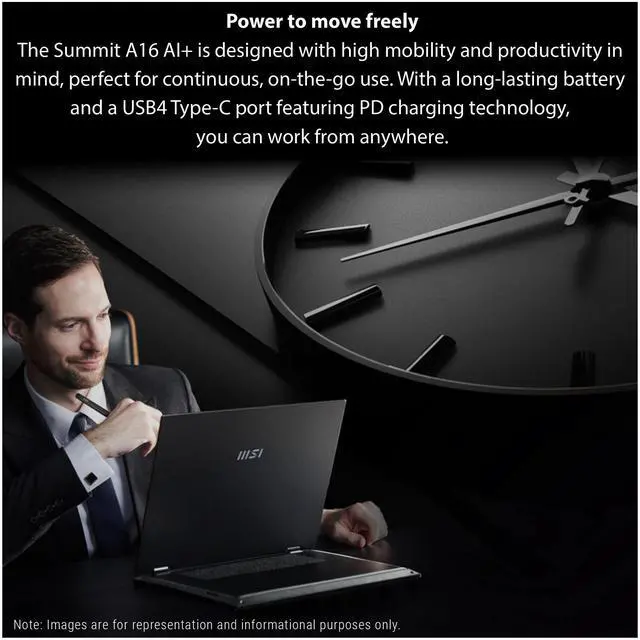 Alt view image 6 of 7 - MSI Summit A16 AI+ Laptop, AMD Ryzen AI 9-365, 32 GB LPDDR5x RAM, 2 TB PCIe SSD, 16" QHD+ (2560x1600) Touchscreen, AMD Radeon 880M Integrated Card, White Backlit Keyboard, W11 Pro, Ink Black