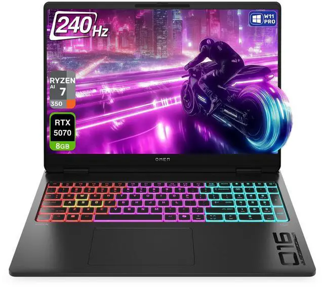 Main image of HP OMEN 16 MAX Gaming Laptop, AMD Ryzen AI 7-350, 64 GB DDR5 RAM, 2 TB PCIe SSD, 16" WQXGA (2560x1600) 240Hz Display, Nvidia G-Force RTX 5070, 4-Zone RGB Backlit Keyboard, W11 Pro, Shadow Black