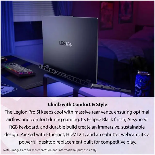 Alt view image 5 of 7 - Lenovo Legion Pro 5i Gen 10 Gaming Laptop, Intel Ultra 9-275HX, 64 GB DDR5 RAM, 2 TB PCIe SSD, 16" WQXGA (2560x1600) Display, Nvidia G-Force RTX 5070, 24-Zone RGB Backlit, W11 Pro, Eclipse Black
