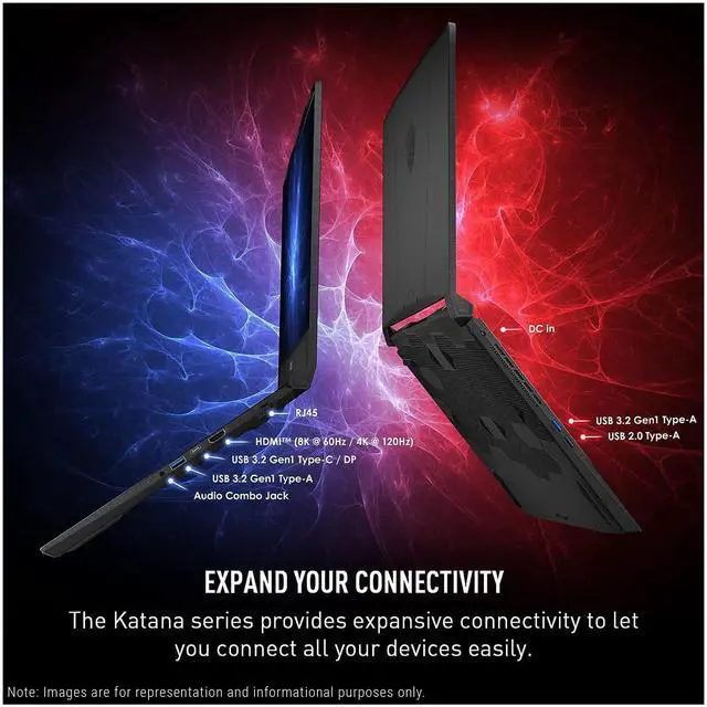 Alt view image 7 of 7 - MSI Katana 15 HX Gaming Laptop, Intel i9-14900HX, 64 GB DDR5 RAM, 4 TB PCIe SSD, 15.6" QHD+ (2560x1440) 165Hz Display, Nvidia G-Force RTX 5070, 4 Zone RGB Keyboard, W11 Pro, Black