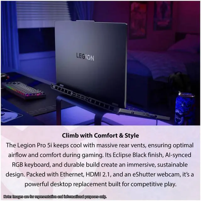 Alt view image 5 of 7 - Lenovo Legion Pro 5i Gen 10 Gaming Laptop, Intel Ultra 9-275HX, 64 GB DDR5 RAM, 4 TB PCIe SSD, 16" WQXGA (2560x1600) Display, Nvidia G-Force RTX 5060, 24-zone RGB Keyboard, W11 Home, Eclipse Black