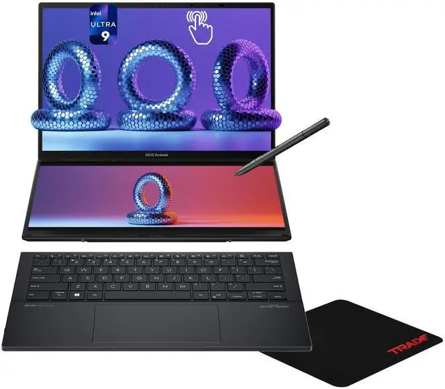 Main image of Asus Zenbook Duo Dual Laptop, Intel Ultra 9-185H, 16 GB LPDDR5X RAM, 4 TB PCIe SSD, 14'' WUXGA (1980x1200) OLED Touchscreen, Intel Arc Graphics, Soft Keyboard, W11 Home, Inkwell Gray + Traix MousePad