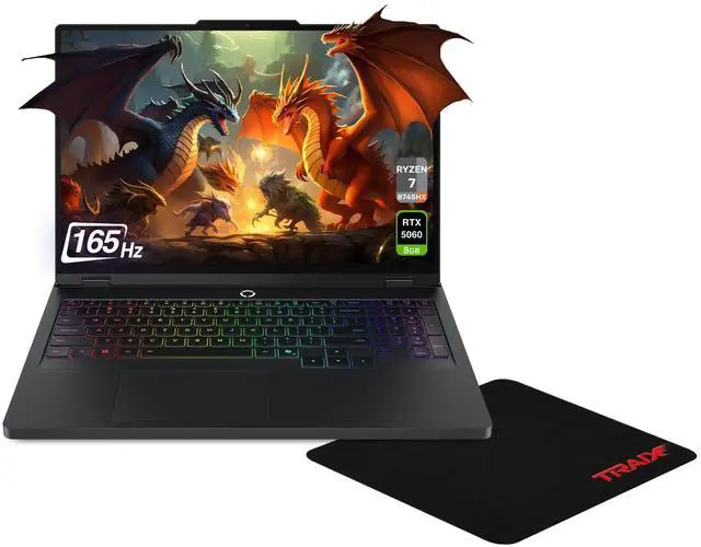 Main image of Lenovo Legion Pro 5 Gaming Laptop, AMD Ryzen 7-8745HX, 32 GB DDR5 RAM, 2 TB PCIe SSD, 16" 2.5K (2560x1600) 165Hz, Nvidia G-Force RTX 5060, 24-Zone RGB Backlit Keyboard, W11 Home, Black+Traix Mousepad