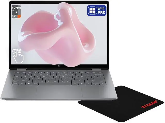 Main image of HP OmniBook X Flip 2-in-1 Copilot+ Laptop, AMD Ryzen AI 7-350, 24 GB LDDR5X RAM, 2 TB PCIe SSD, 14" 2K (1920x1200)Touchscreen, AMD Radeon 860M, Backlit Keyboard, W11 Pro, Meteor Silver+Traix MousePad
