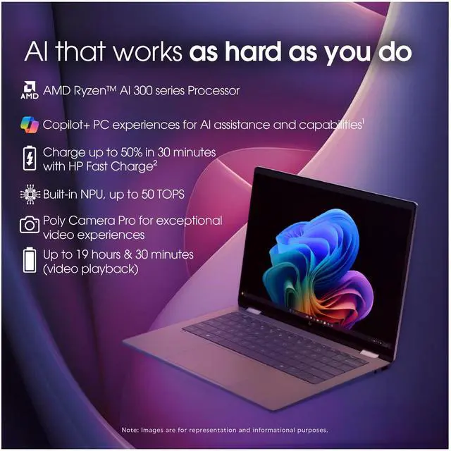 Alt view image 4 of 7 - HP OmniBook X Flip 2-in-1 Copilot+ Laptop, AMD Ryzen AI 7-350, 24 GB LDDR5X RAM, 2 TB PCIe SSD, 14" 2K (1920x1200)Touchscreen, AMD Radeon 860M, Backlit Keyboard, W11 Pro, Meteor Silver+Traix MousePad