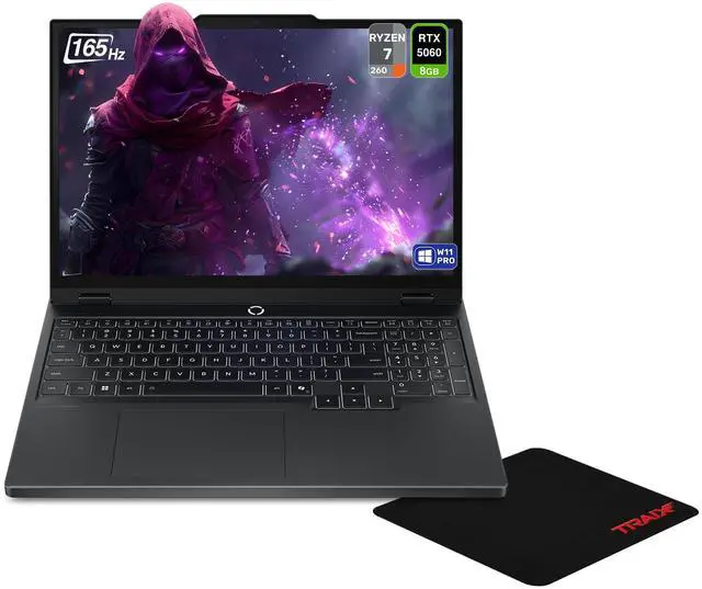 Main image of Lenovo Legion 5 Gaming Laptop, AMD Ryzen 7 260, 32 GB DDR5 RAM, 2 TB PCIe SSD, 15.3" WUXGA (1920x1200) 165Hz, Nvidia G-Force RTX 5060, White Backlit Keyboard, W11 Pro, Eclipse Black +Traix Mousepad