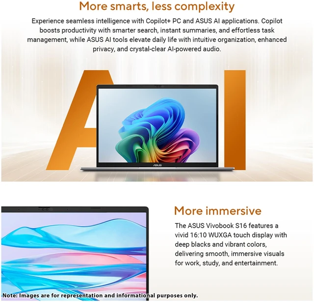 Alt view image 5 of 7 - Asus Vivobook S16 Laptop, AMD Ryzen AI 9 - 465, 32 GB DDR5 RAM, 1 TB PCIe SSD, 16" WUXGA (1920x1200) Touchscreen, AMD Radeon Graphics, Backlit Keyboard, W11 Pro, Cool Silver+Traix MousePad