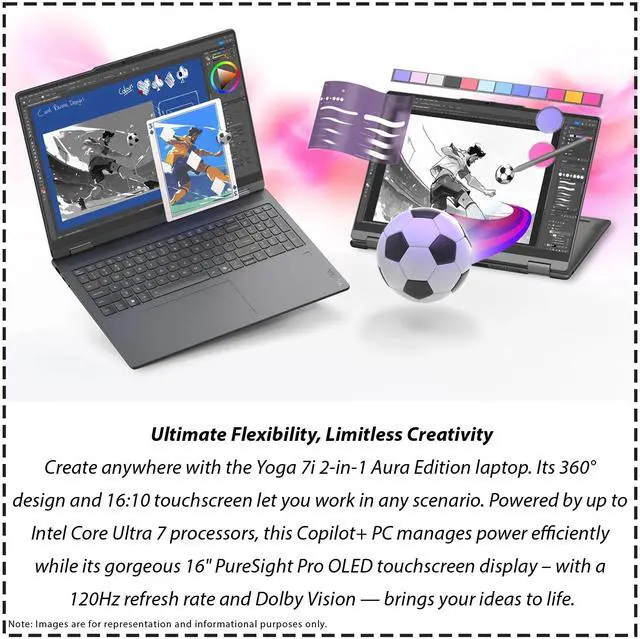 Alt view image 2 of 14 - Lenovo Yoga 7i 2in1 Aura Edition Laptop, Intel Ultra 7 355, 24 GB LPDDR5x RAM, 1 TB PCIe SSD, 16" WUXGA(1920x1200) Touchscreen, Integrated Graphics, Backlit Keyboard, W11 Pro, LunaGrey +Traix Mousepad