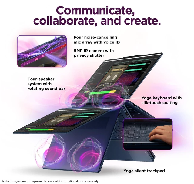Alt view image 3 of 7 - Lenovo Yoga 9i 2-in-1 Aura Edition Laptop, Intel Ultra 7-355, 32 GB LPDDR5x RAM, 1 TB PCIe SSD, 14" 3K (2880X1800) Touchscreen, Intel Graphics, Backlit Keyboard, W11 Home, Cosmic Blue+Traix Mousepad
