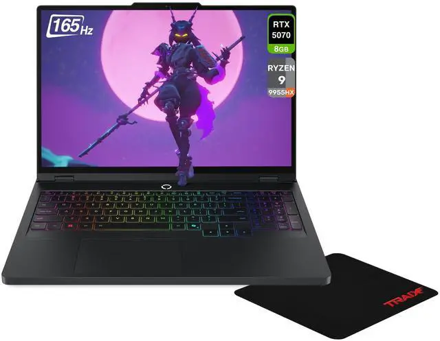 Main image of Lenovo Legion Pro 5 Gen 10 Gaming Laptop, AMD Ryzen 9-9955HX, 64 GB DDR5 RAM, 2 TB PCIe SSD, 16" WQXGA (2560x1600)165Hz, Nvidia G-Force RTX 5070, 24-Zone RGB Backlit, W11 Pro, Black Traix MousePad