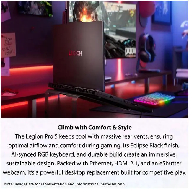 Alt view image 4 of 7 - Lenovo Legion Pro 5 Gen 10 Gaming Laptop, AMD Ryzen 9-9955HX, 64 GB DDR5 RAM, 2 TB PCIe SSD, 16" WQXGA (2560x1600)165Hz, Nvidia G-Force RTX 5070, 24-Zone RGB Backlit, W11 Pro, Black Traix MousePad