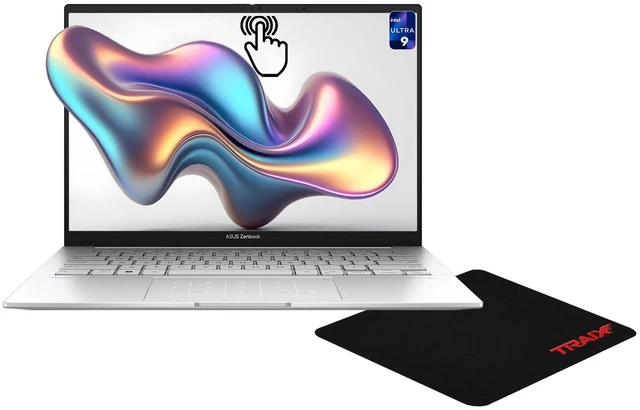 Main image of Asus Zenbook 14 Laptop, Intel Ultra 9-285H, 32 GB LPDDR5X RAM, 1 TB PCIe SSD, 14" 3K (2880x1800) 120Hz Touchsreen, Intel Arc Graphics, Backlit Keyboard, W11 Home, Foggy Silver + Traix MousePad