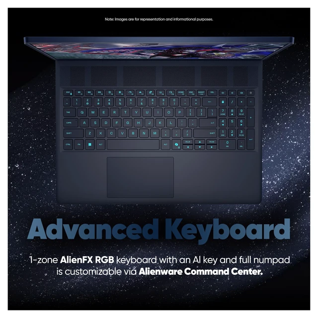 Alt view image 2 of 7 - Alienware 16X Aurora Gaming Laptop, Intel Ultra 7-270HX, 16 GB DDR5 RAM, 512 GB PCIe SSD, 16" 2.5K (2560x1600) 240Hz OLED, Nvidia G-Force RTX 5060, RGB Backlit Keyboard, W11 Home, Blue+Traix Mousepad