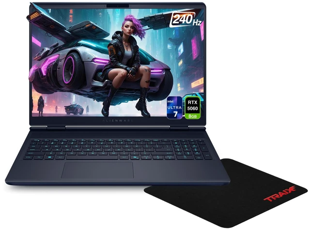 Main image of Alienware 16X Aurora Gaming Laptop, Intel Ultra 7-270HX, 64 GB DDR5 RAM, 2 TB PCIe SSD, 16" 2.5K (2560x1600) 240Hz OLED, Nvidia G-Force RTX 5060, RGB Backlit Keyboard, W11 Home, Blue+Traix Mousepad