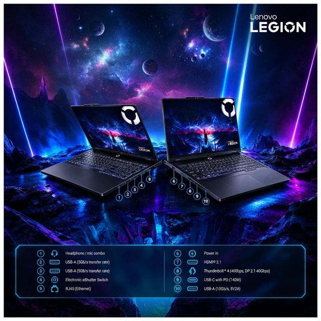 Alt view image 3 of 7 - Lenovo Legion Pro 5i Gaming Laptop, Intel Ultra 7-251HX, 32 GB DDR5 RAM, 1 TB PCIe SSD, 16" WQXGA (2560x1600), Nvidia G-Force RTX 5070, 24-Zone RGB Backlit, W11 Pro, Eclipse Black + Traix MousePad