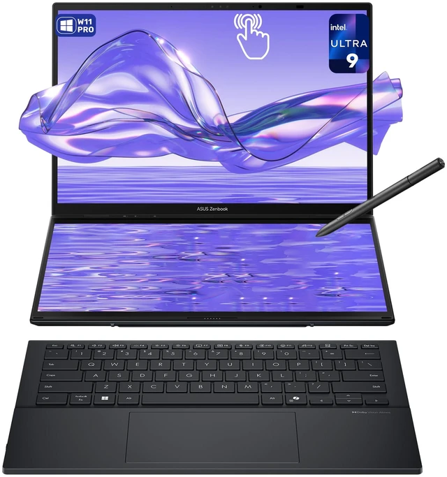 Main image of Asus Zenbook Duo Dual Laptop, Intel Ultra 9-285H, 32 GB LPDDR5X RAM, 1 TB PCIe SSD, 14'' 3K (2880x1800) OLED Touchscreen, Intel Arc Graphics, Backlit Keyboard, W11 Pro, Inkwell Gray