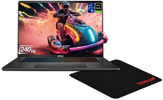 Main image of MSI Stealth 16 AI+ Gaming Laptop, Intel Ultra 9-386H, 96 GB DDR5 RAM, 2 TB PCIe SSD, 16" 2.5K (2560x1600) 240Hz, Nvidia GeForce RTX 5060, 4-Zone RGB Backlit, W11 Home, Core Black + Traix MousePad
