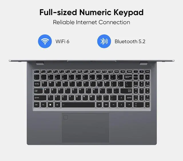 Alt view image 6 of 7 - BiTECOOL 15.6" FHD IPS Laptop - Intel Core i5-1240P, 16GB DDR4 RAM, 512GB PCIe SSD, Windows 11, Wi-Fi 6, BT 5.2, 2MP Webcam, Fingerprint Unlock, Backlit Keyboard, Gray (Telework & Office Ready)