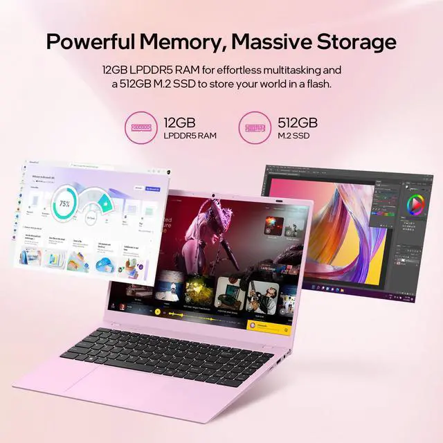 Alt view image 3 of 7 - BiTECOOL 15.6" Pink Laptop - Intel N150 Processor (Up to 3.6GHz), 12GB RAM 512GB SSD, FHD IPS Display, Windows 11 Pro with Office Pro Plus 2024, WiFi 6, Bluetooth 5.2, Webcam, USB-C, Long Battery Life