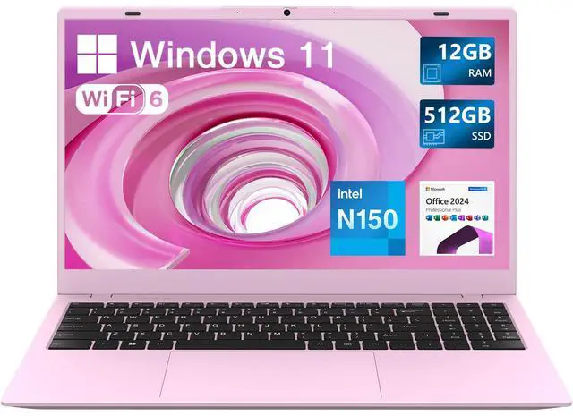 Main image of BiTECOOL 15.6" Pink Laptop - Intel N150 Processor (Up to 3.6GHz), 12GB RAM 512GB SSD, FHD IPS Display, Windows 11 Pro with Office Pro Plus 2024, WiFi 6, Bluetooth 5.2, Webcam, USB-C, Long Battery Life