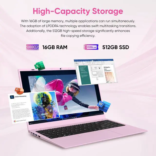 Alt view image 4 of 7 - BiTECOOL 15.6-inch Windows 11 Laptop, 16GB RAM, 512GB SSD, FHD IPS Display Laptop Computer, Intel N5095 Quad Core, 2.4/5G WiFi, BT4.2 Backlit and Fingerprint, Lightweight and Portable, Pink