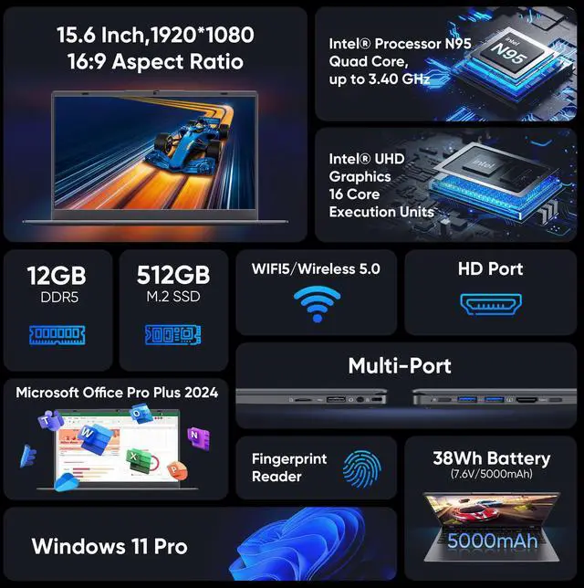 Alt view image 2 of 7 - BiTECOOL Laptop Computer 15.6 inch, Intel Quad Core N95, 12GB LPDDR5 RAM 512GB NVMe SSD Laptop with FHD IPS Display, WiFi 5, BT5.0, USB Type C and Fingerprint, 2 Years Warranty, Windows 11 Pro