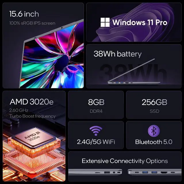 Alt view image 2 of 7 - BiTECOOL 15.6 IPS-FHD-Laptop, 8GB RAM 256GB SSD AMD 3020e (up to 2.6GHz), Full Function Type C Computer for Student-Home WiFi 5 BT5.0 Win 11 Pro
