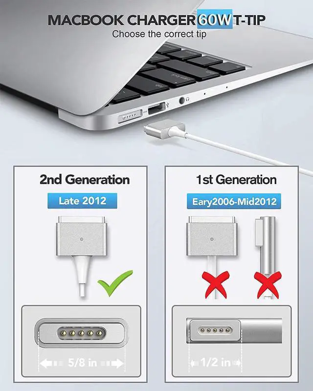 Alt view image 3 of 7 - Mac Book Pro Charger - 60W (T)-Tip Power Adapter,Compatible with Mac Book Pro/Air (Between 2012-2017) A1425,A1435,A1502 - Laptop AC Power Supply Cord