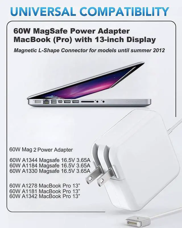 Alt view image 2 of 7 - Mac Book Pro Charger - 60W (T)-Tip Power Adapter,Compatible with Mac Book Pro/Air (Between 2012-2017) A1425,A1435,A1502 - Laptop AC Power Supply Cord